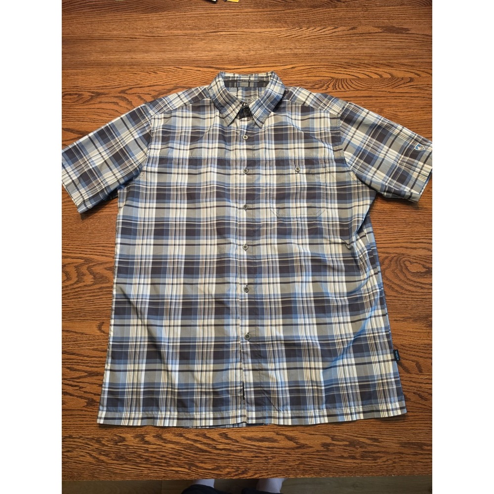 Kuhl Eluxur Ionic Button Up Shirt Mens Large Blue Plaid S/S Hiking Camping